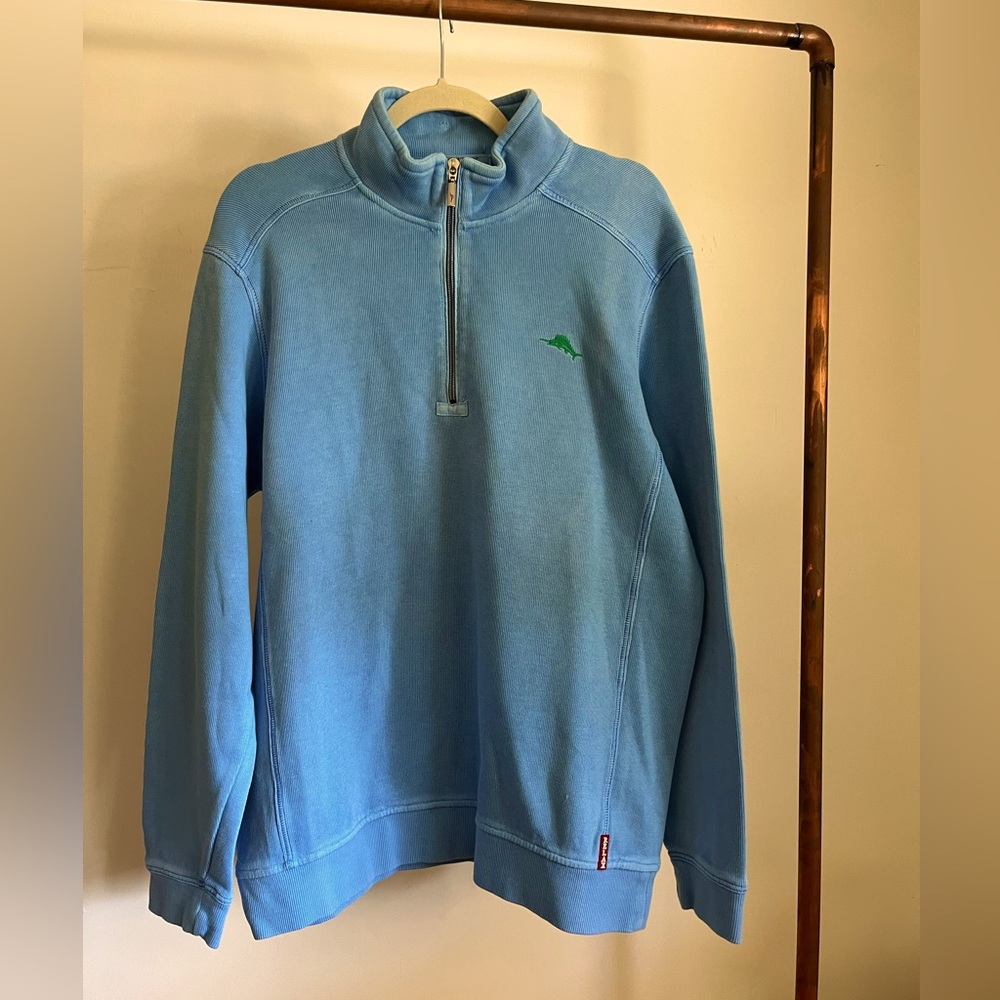 Sky Blue Tommy Bahama Men’s Quarter Zip Sweater 100% Cotton Size Medium